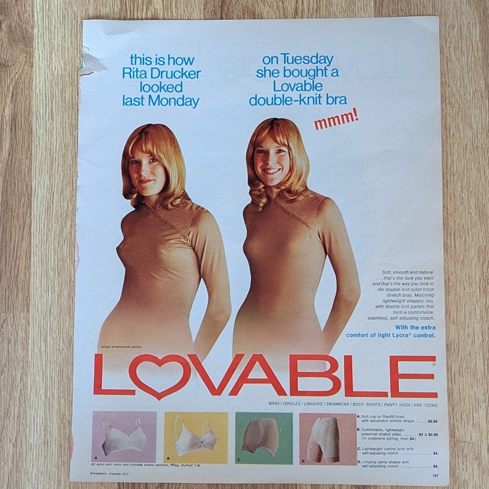 Vintage 1972 Seventeen Ad: Lovable Knit Bra & Wella Hair Care, Magazine